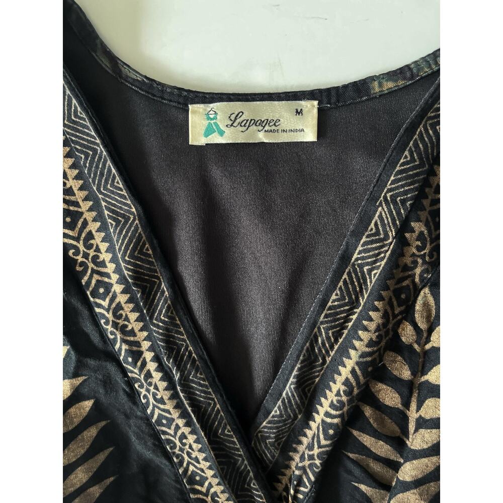 Lapogee Dress Womens M Black Gold Leaf Print Maxi Lined Boho India V Neck Resort - Picture 3 of 10